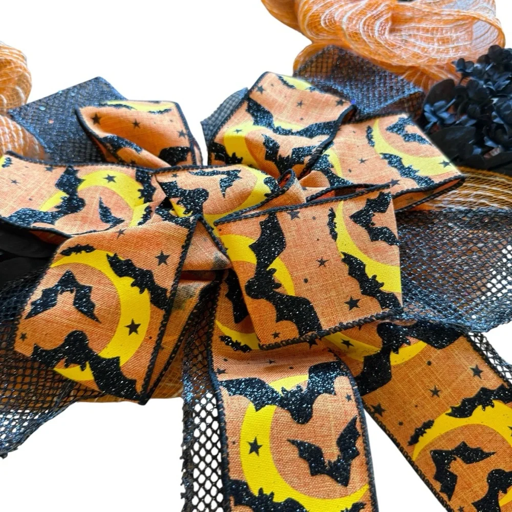 Halloween Orange & White Mesh Wreath with Black Flowers, Bats Ribbon Bow 20